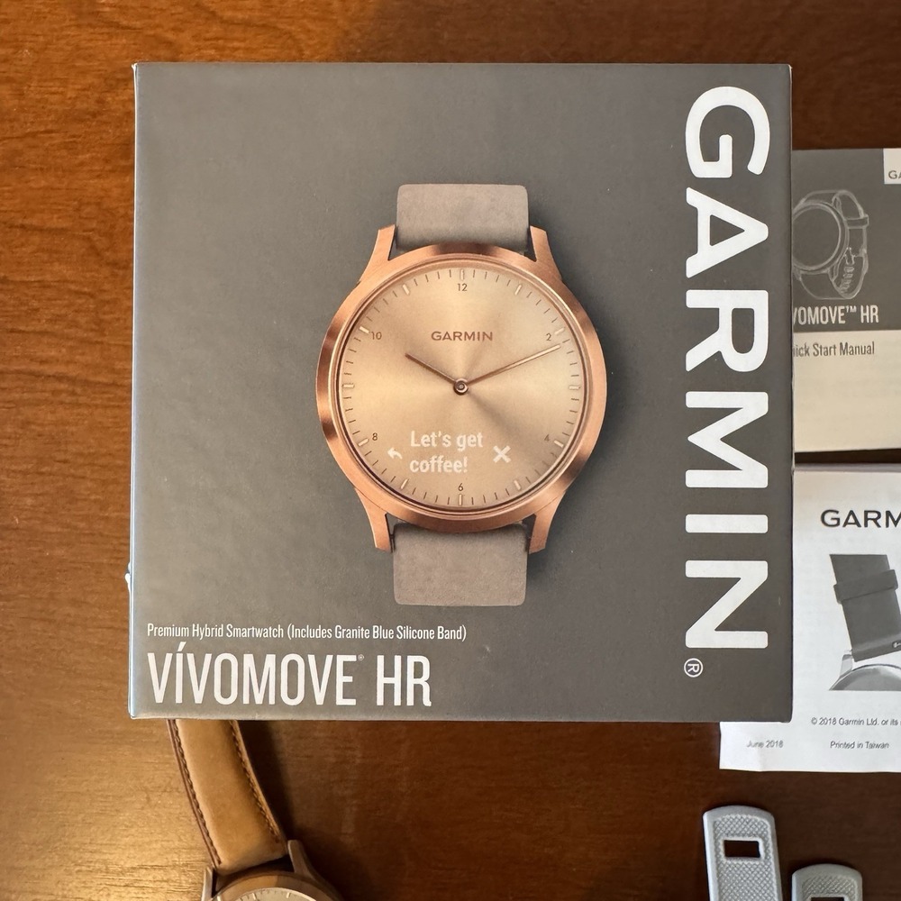 GARMIN Vivomove HR Smartwatch Rose Gold Leather & Silicone Band, Charger, Box - Picture 2 of 16